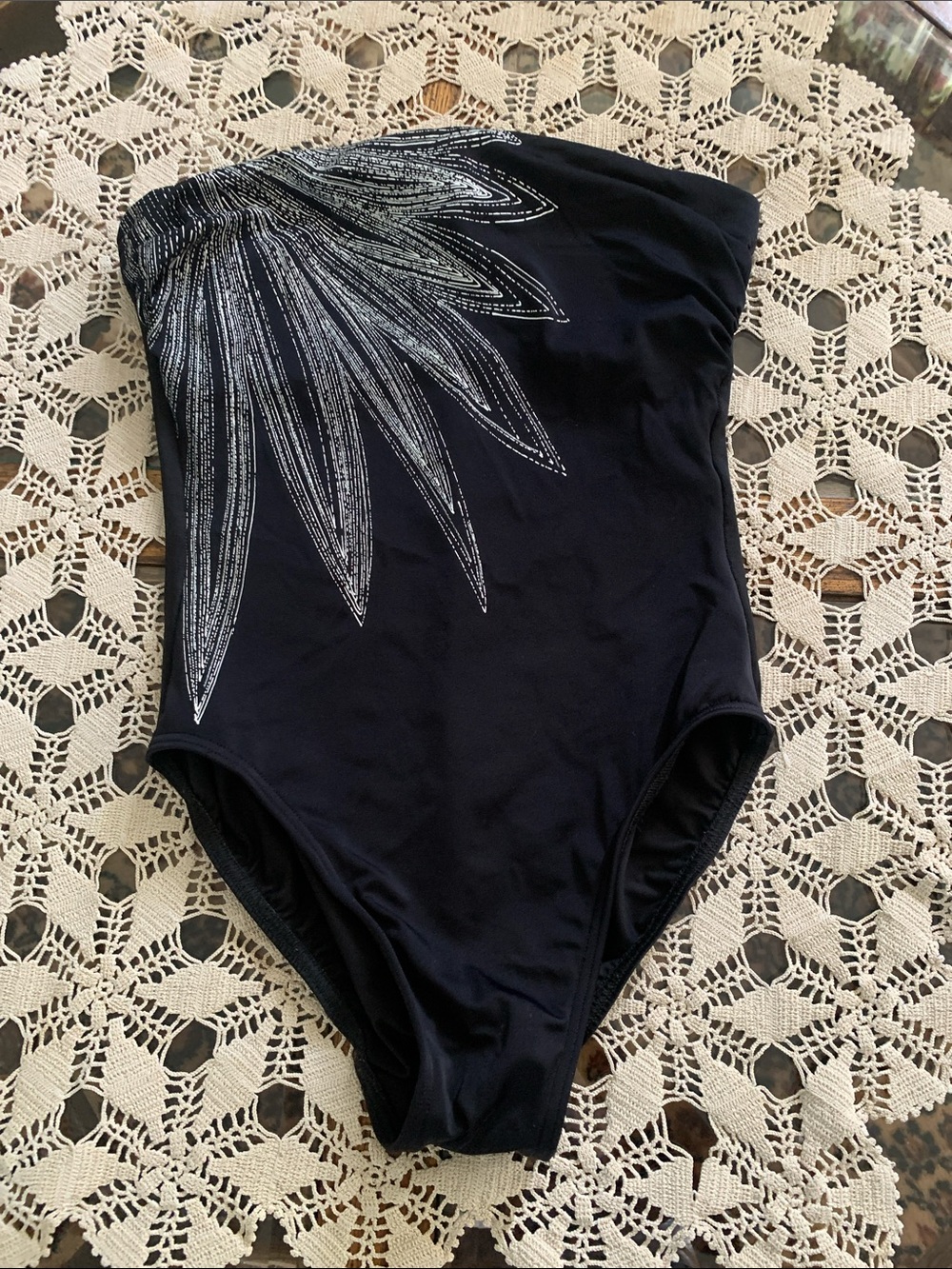 Miraclesuit Black One-Piece Swimsuit with Silver Leaf Design